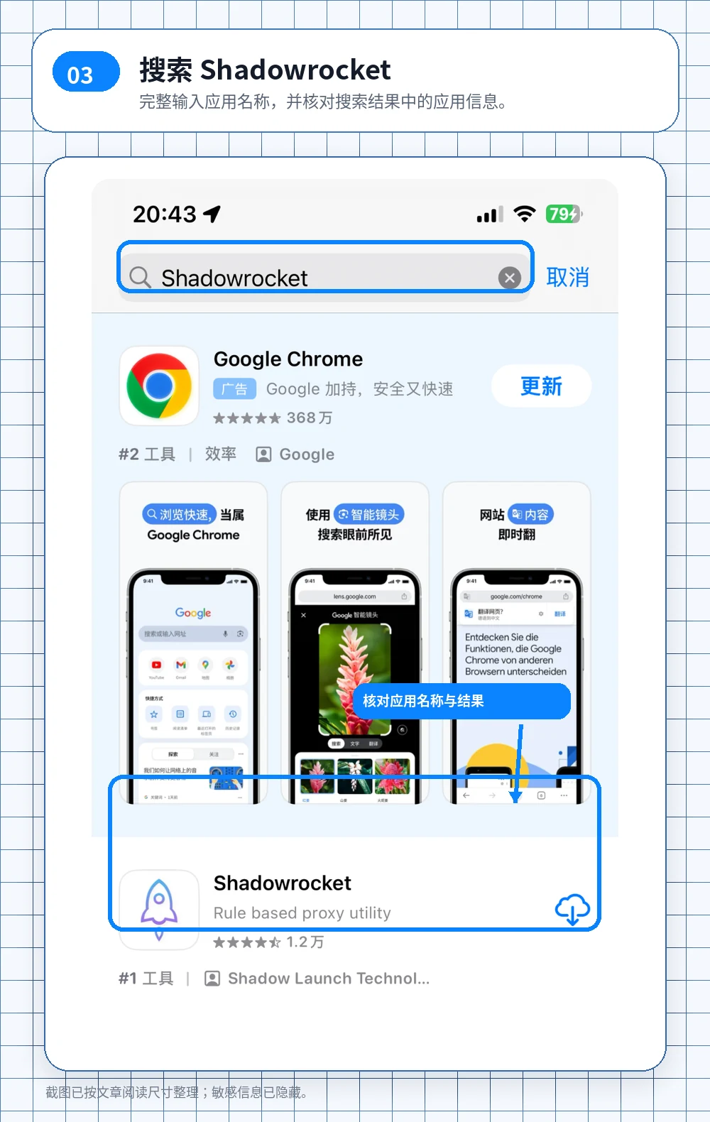 在 App Store 搜索框中输入 Shadowrocket 并查看应用结果